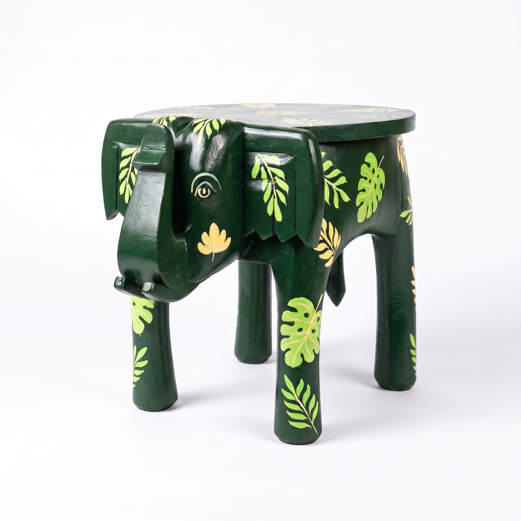 Wooden Elephant Stool | Green with Leaf motifs | 14.5x14.5x14.5 inch