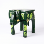 Wooden Elephant Stool | Green with Leaf motifs | 14.5x14.5x14.5 inch
