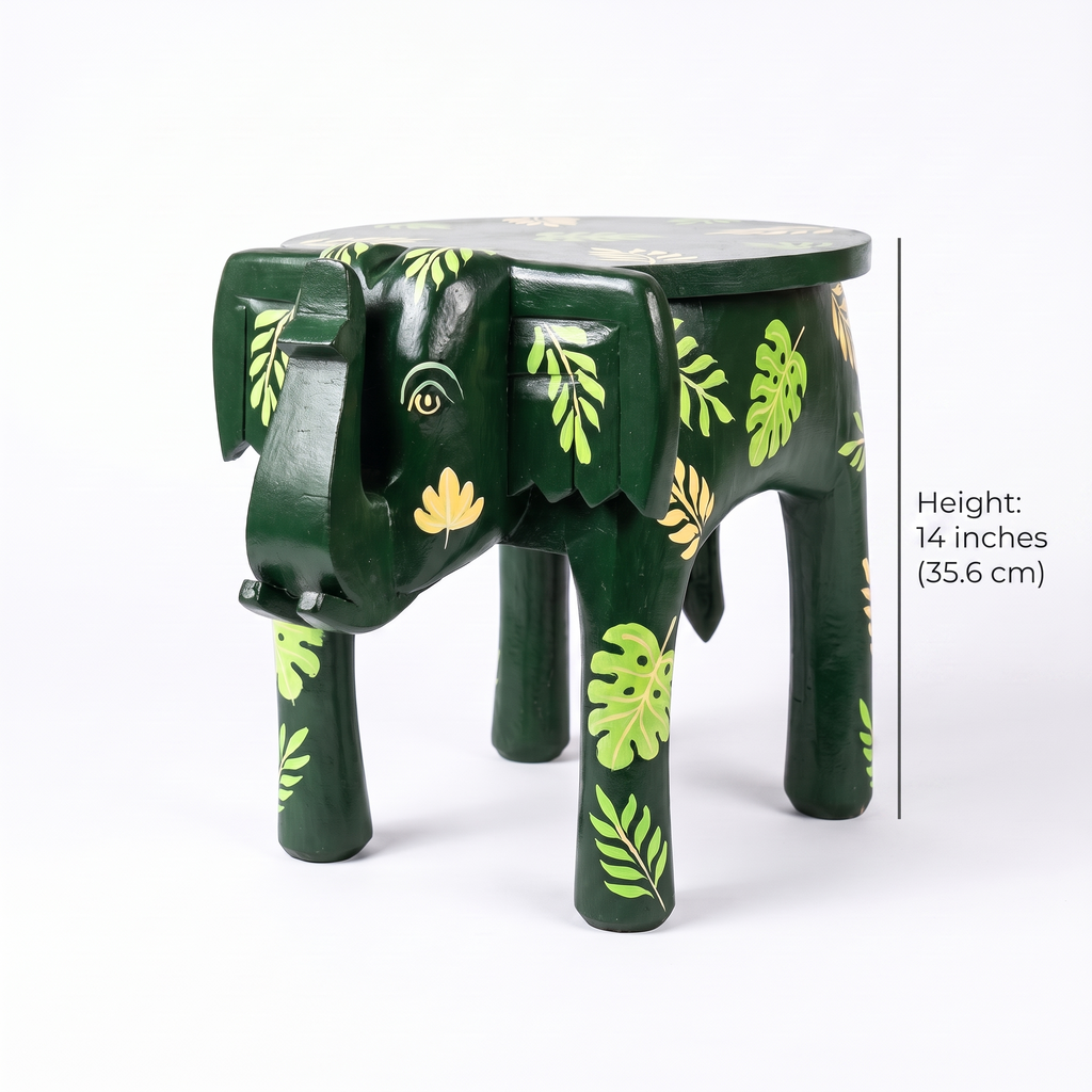 Wooden Elephant Stool | Green with Leaf motifs | 14.5x14.5x14.5 inch