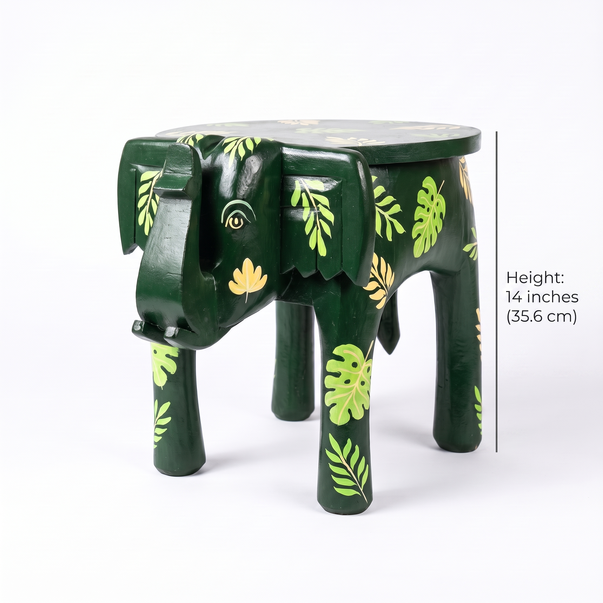 Wooden Elephant Stool | Green with Leaf motifs | 14.5x14.5x14.5 inch