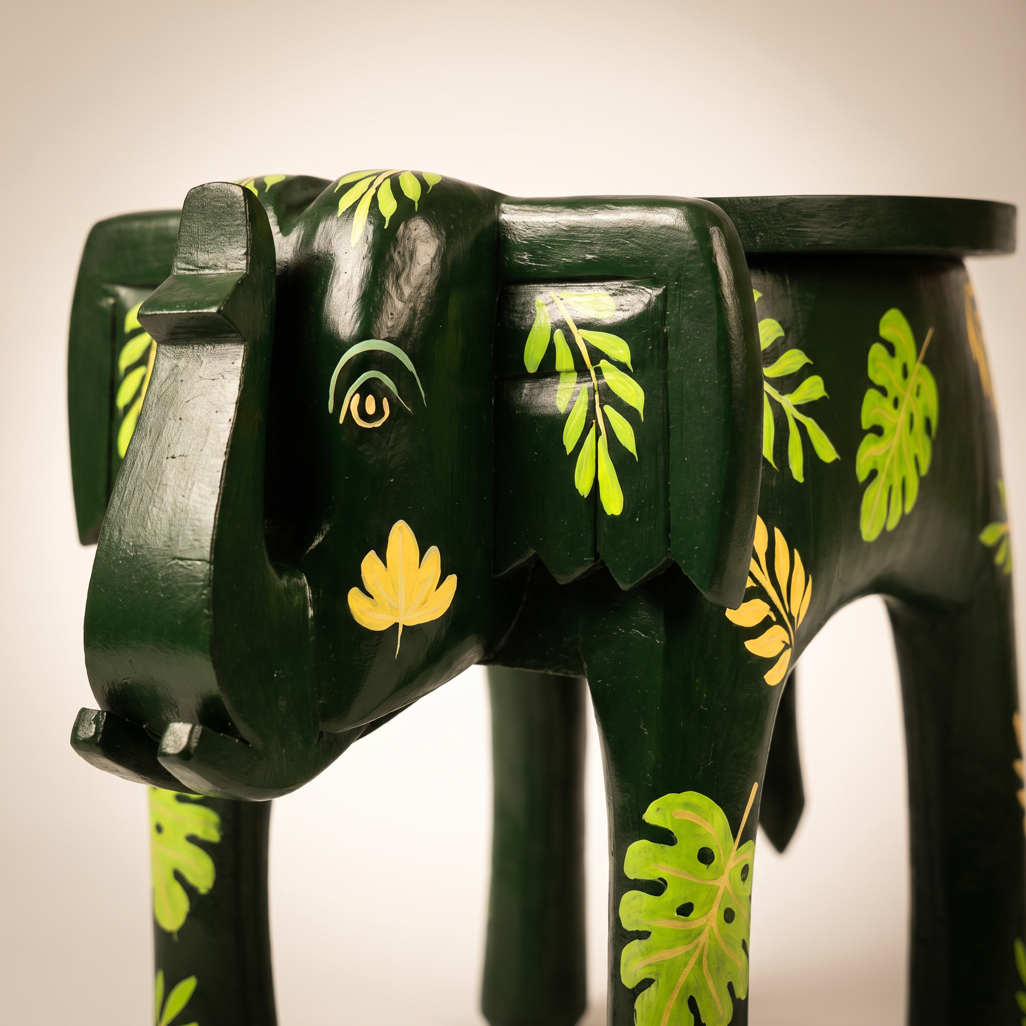 Wooden Elephant Stool | Green with Leaf motifs | 14.5x14.5x14.5 inch