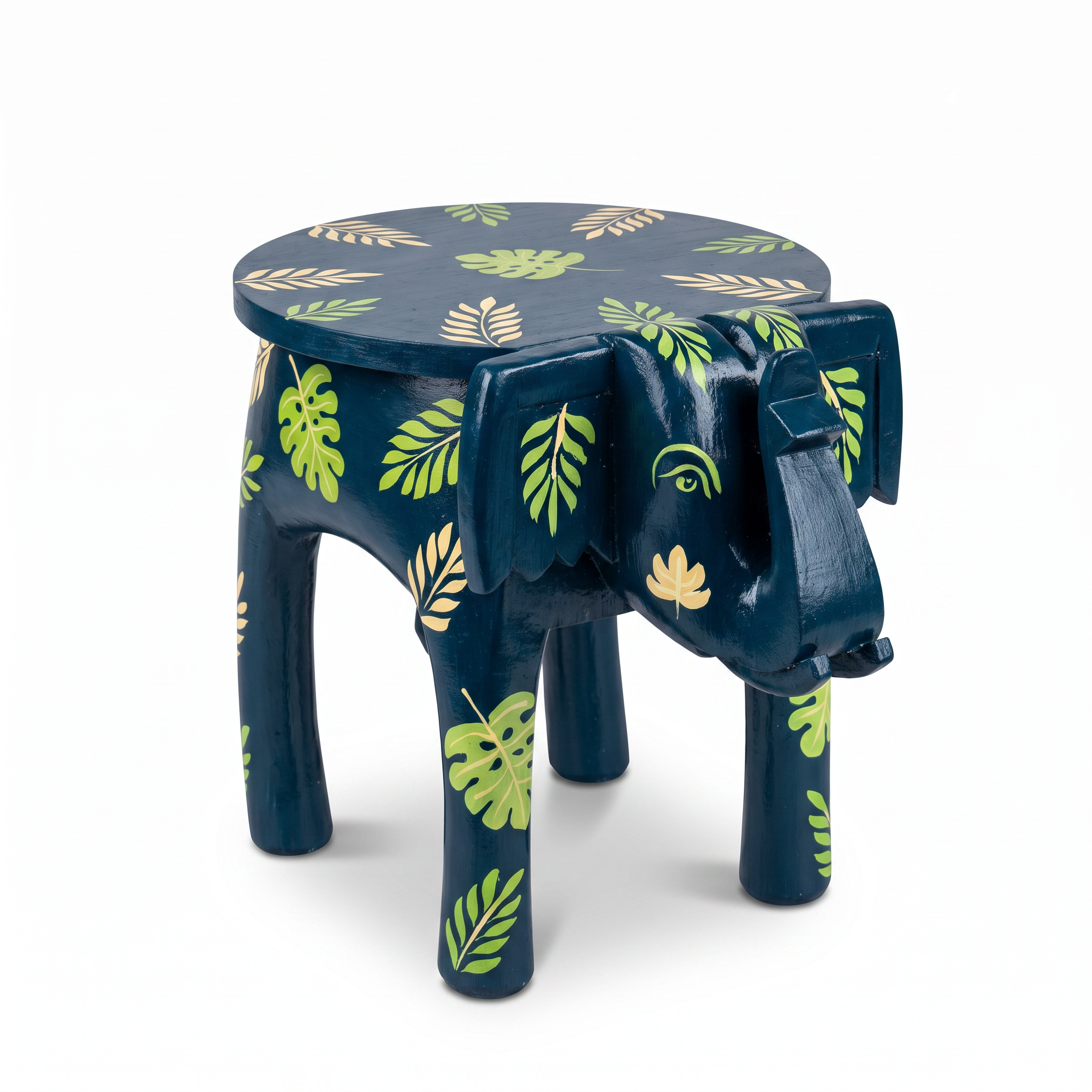 Wooden Elephant Stool | Blue with Leaf motifs | 14.5x14.5x14.5 inch