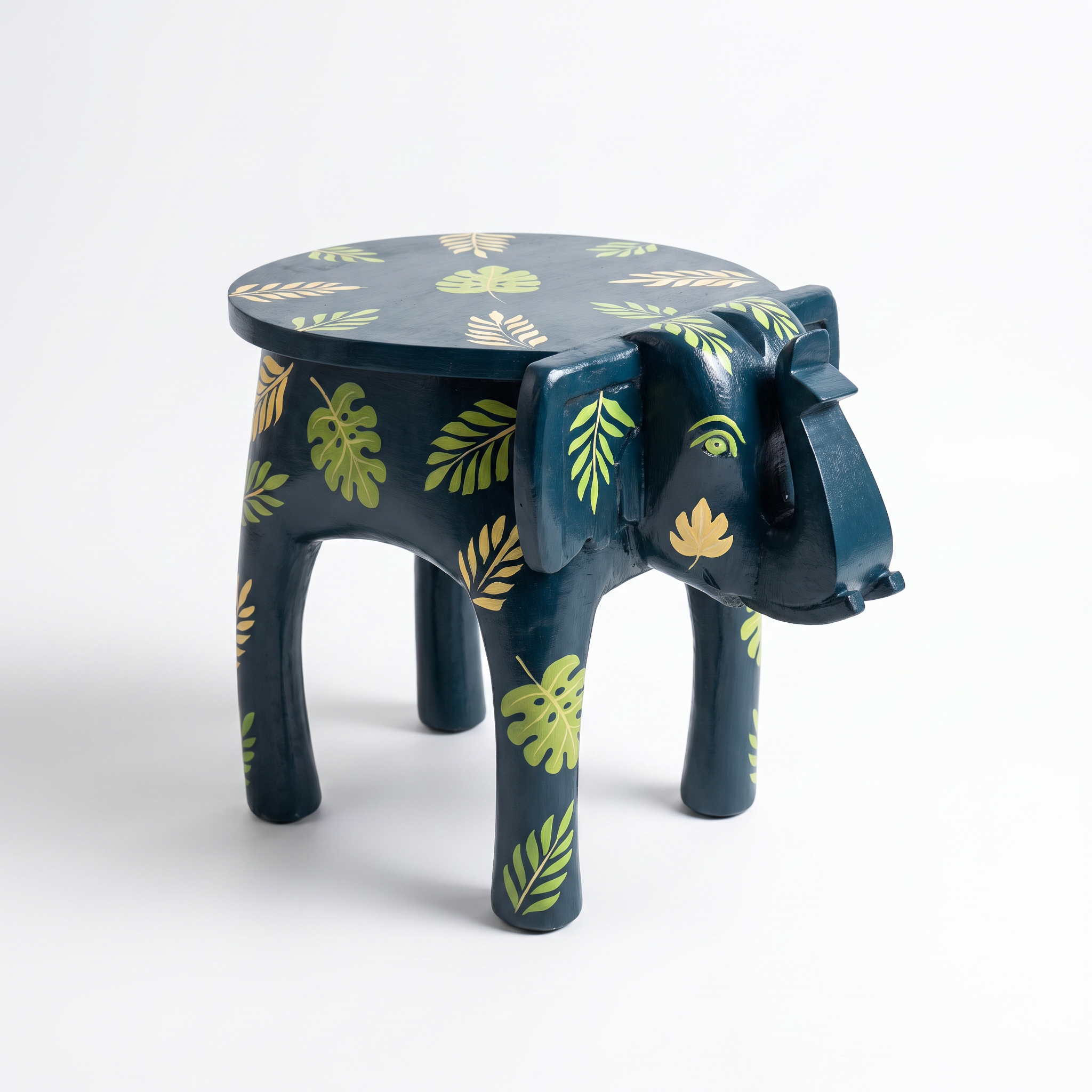 Wooden Elephant Stool | Blue with Leaf motifs | 14.5x14.5x14.5 inch