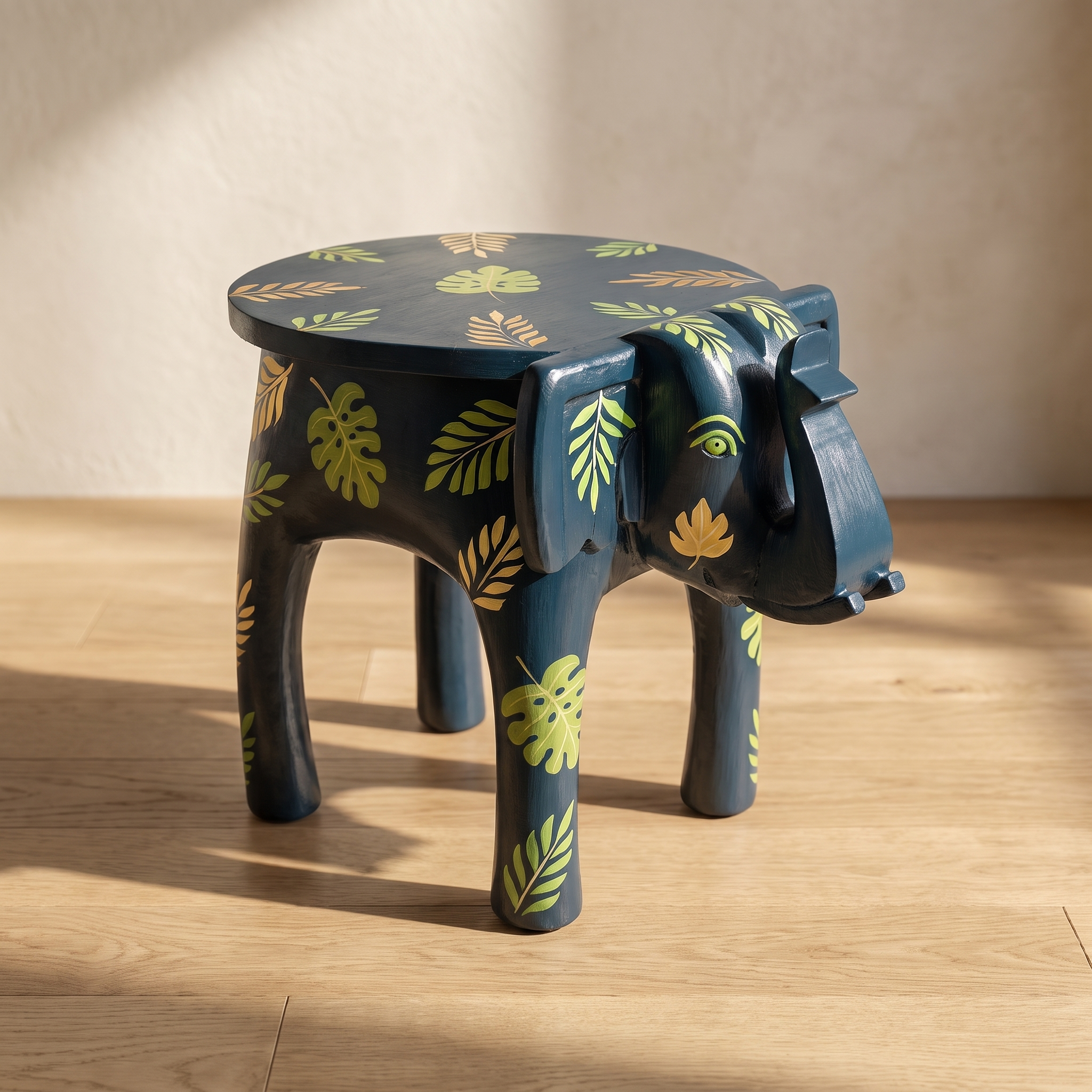 Wooden Elephant Stool | Blue with Leaf motifs | 14.5x14.5x14.5 inch