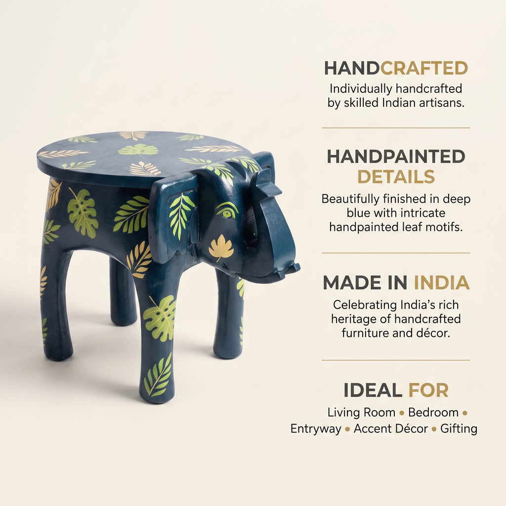 Wooden Elephant Stool | Blue with Leaf motifs | 14.5x14.5x14.5 inch