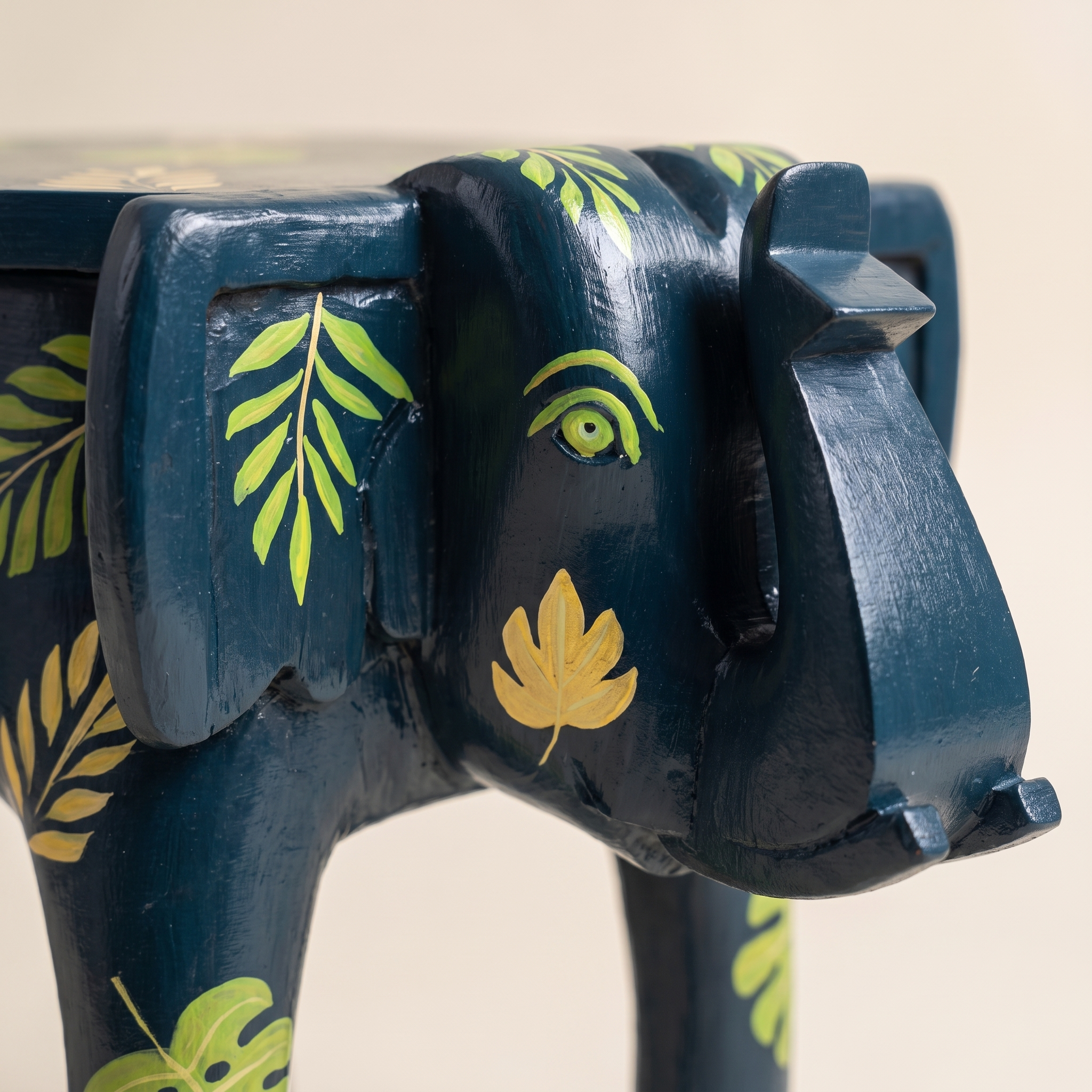 Wooden Elephant Stool | Blue with Leaf motifs | 14.5x14.5x14.5 inch