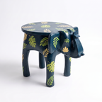 Wooden Elephant Stool | Blue with Leaf motifs | 14.5x14.5x14.5 inch