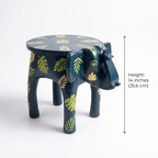 Wooden Elephant Stool | Blue with Leaf motifs | 14.5x14.5x14.5 inch