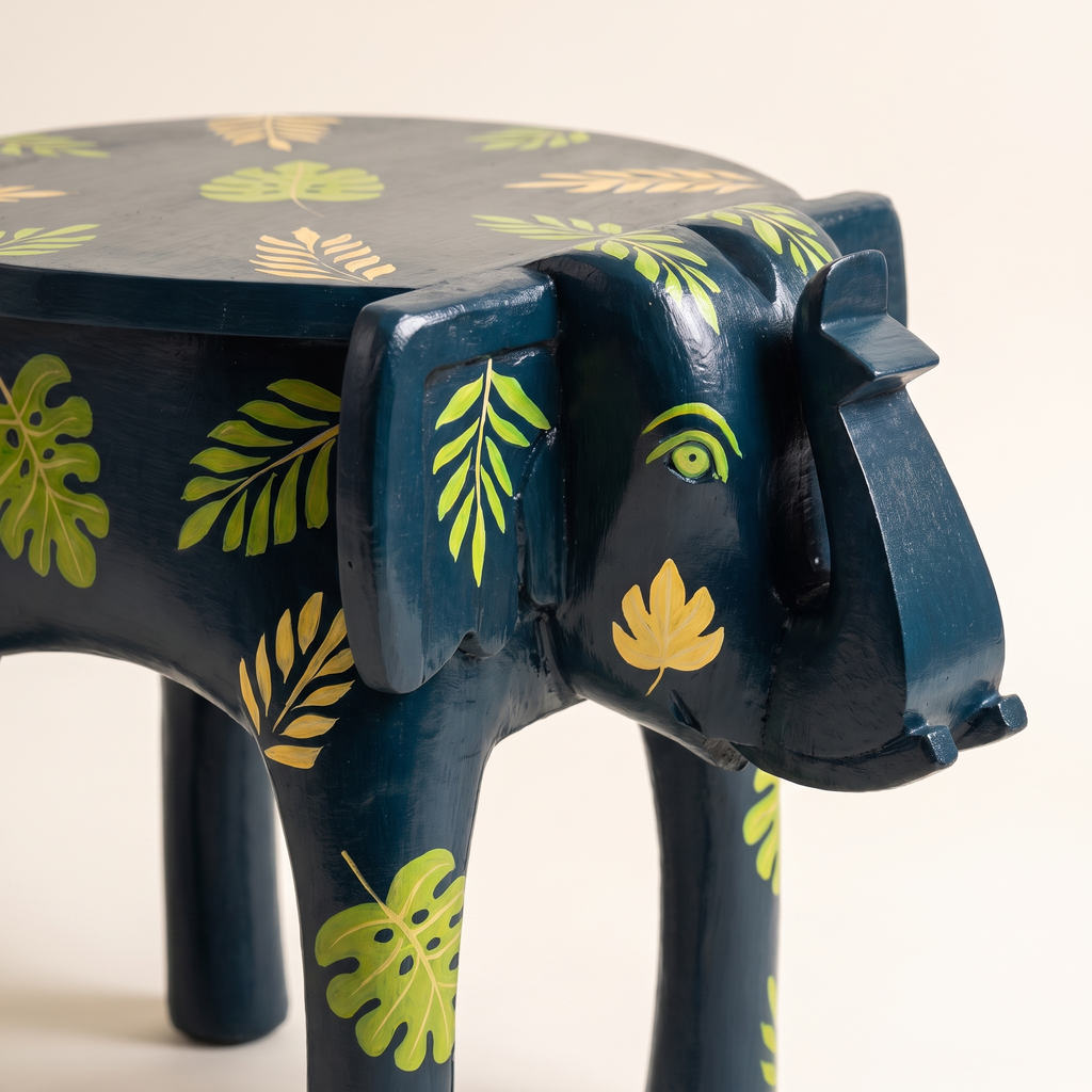 Wooden Elephant Stool | Blue with Leaf motifs | 14.5x14.5x14.5 inch