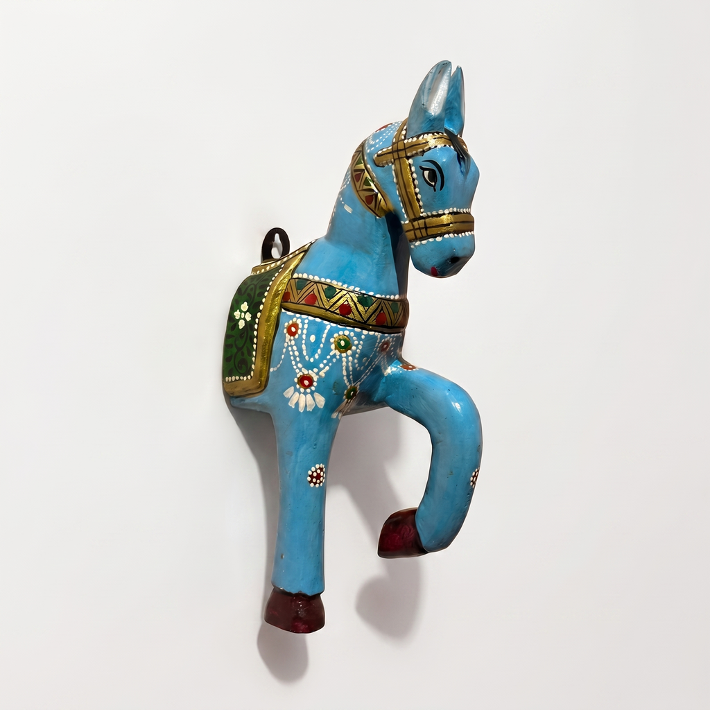 Wooden Horse Wall Hanging | Handpainted Blue | 13.5x6x3.5 inch