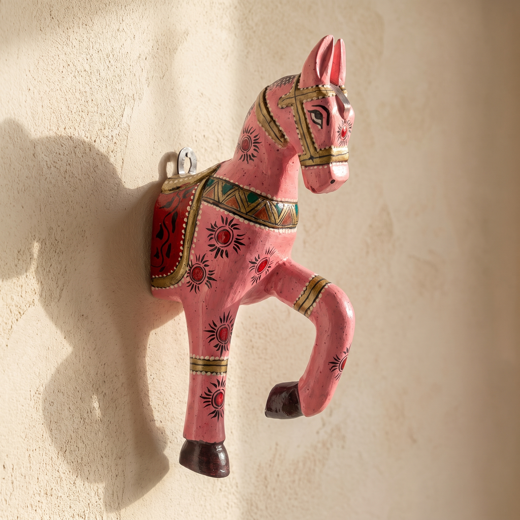 Wooden Horse Wall Hanging | Handpainted Pink | 13.5x6x3.5 inch