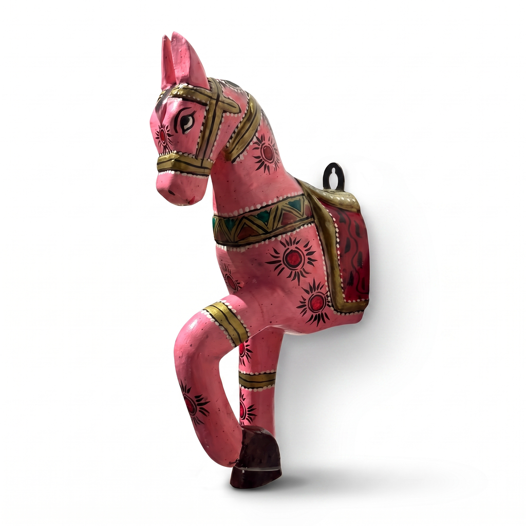 Wooden Horse Wall Hanging | Handpainted Pink | 13.5x6x3.5 inch