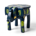 Wooden Elephant Stool | Blue with Leaf Motifs | 12x11x11 inch