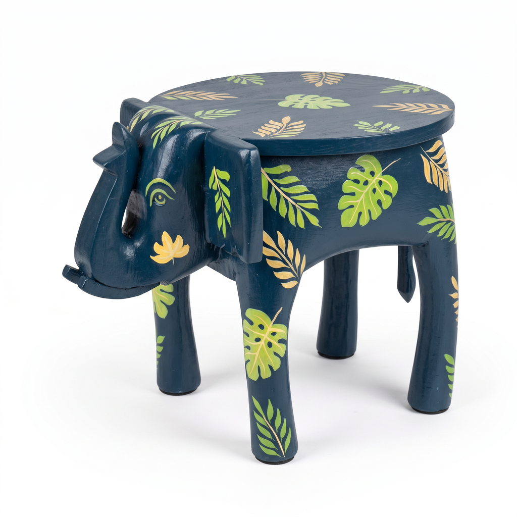 Wooden Elephant Stool | Blue with Leaf Motifs | 12x11x11 inch