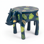 Wooden Elephant Stool | Blue with Leaf Motifs | 12x11x11 inch