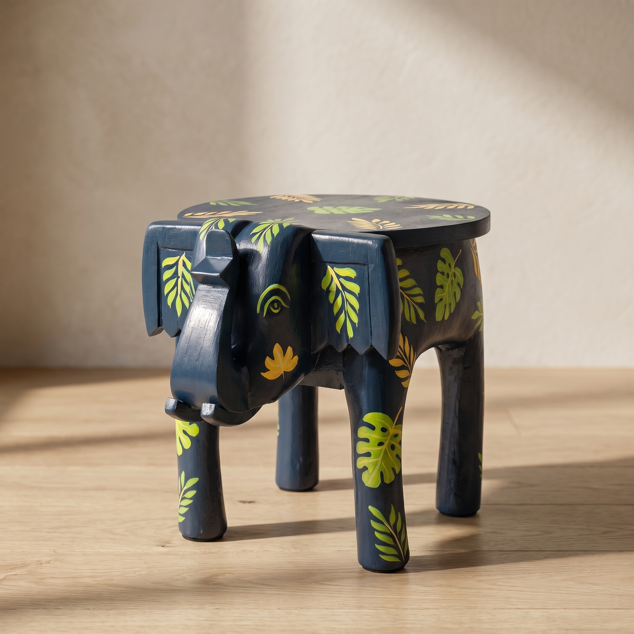 Wooden Elephant Stool | Blue with Leaf Motifs | 12x11x11 inch