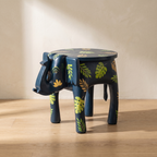 Wooden Elephant Stool | Blue with Leaf Motifs | 12x11x11 inch