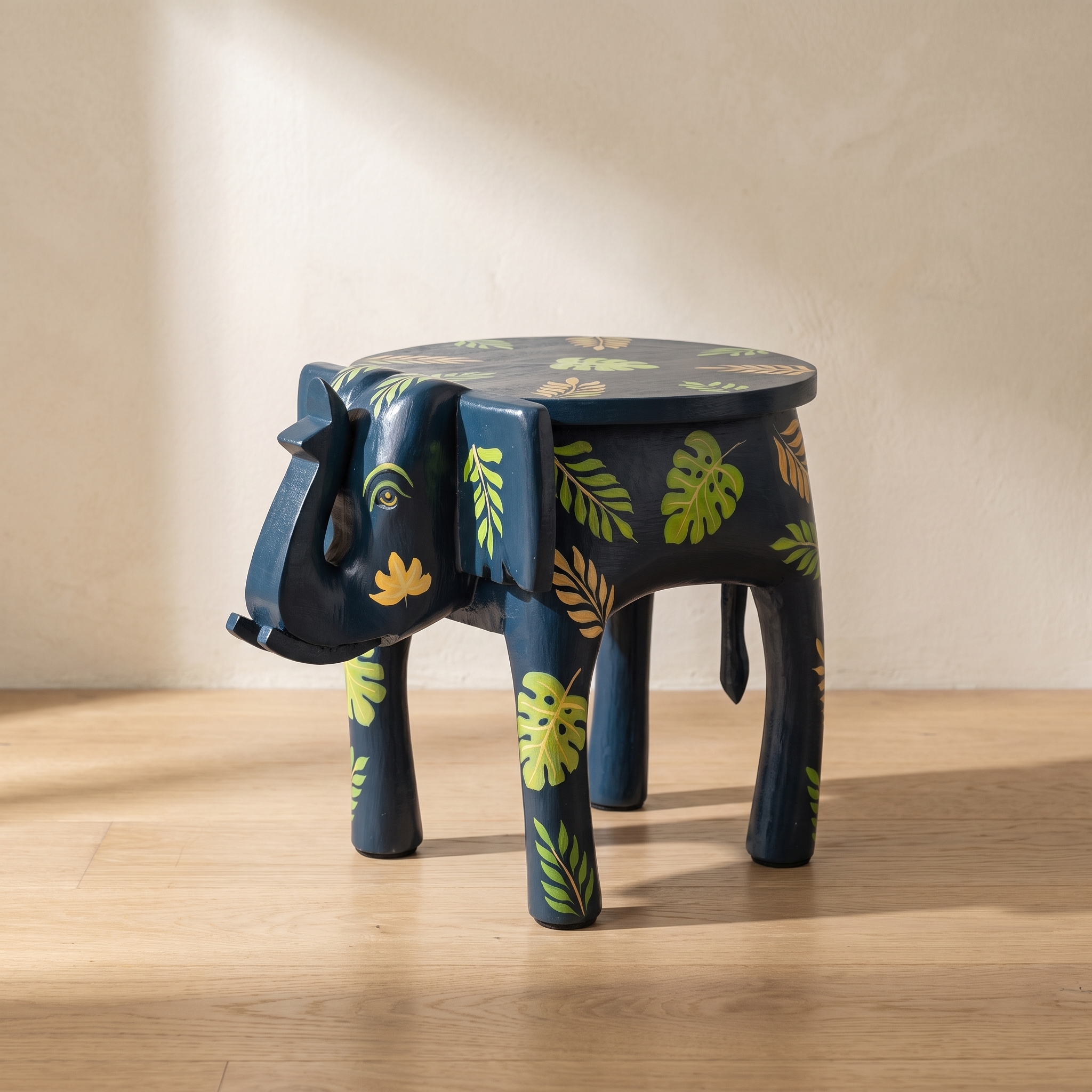 Wooden Elephant Stool | Blue with Leaf Motifs | 12x11x11 inch