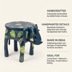 Wooden Elephant Stool | Blue with Leaf Motifs | 12x11x11 inch