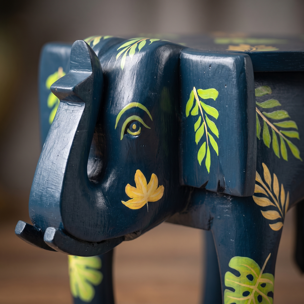 Wooden Elephant Stool | Blue with Leaf Motifs | 12x11x11 inch