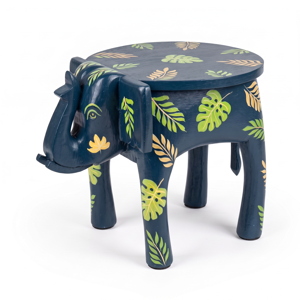 Wooden Elephant Stool | Blue with Leaf Motifs | 12x11x11 inch