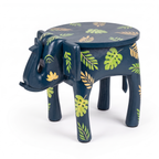 Wooden Elephant Stool | Blue with Leaf Motifs | 12x11x11 inch