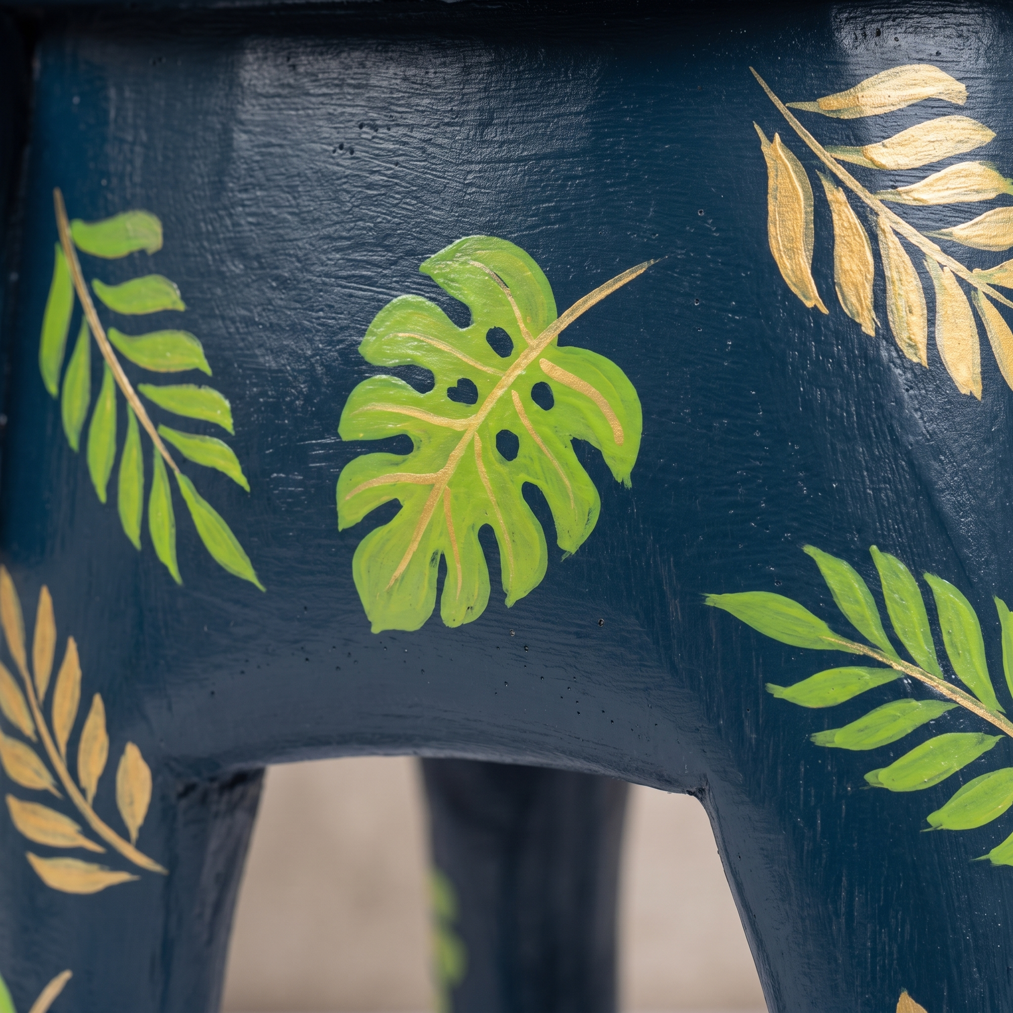 Wooden Elephant Stool | Blue with Leaf Motifs | 12x11x11 inch