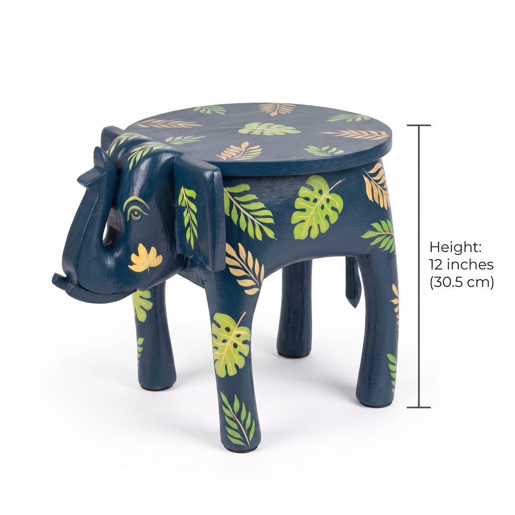Wooden Elephant Stool | Blue with Leaf Motifs | 12x11x11 inch
