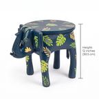 Wooden Elephant Stool | Blue with Leaf Motifs | 12x11x11 inch