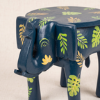 Wooden Elephant Stool | Blue with Leaf Motifs | 12x11x11 inch