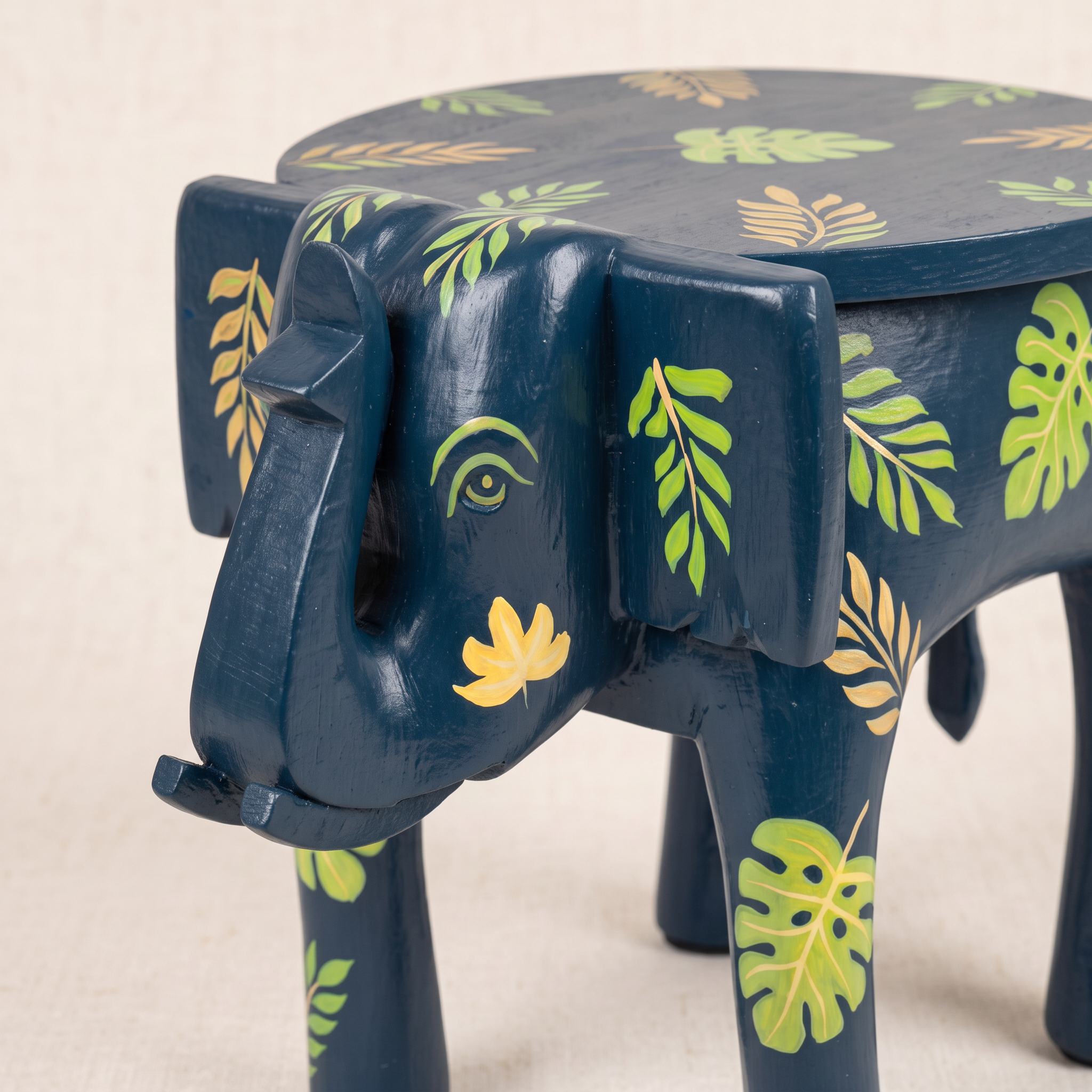 Wooden Elephant Stool | Blue with Leaf Motifs | 12x11x11 inch