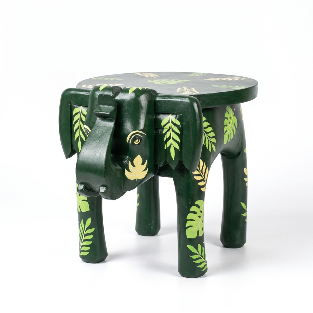 Wooden Elephant Stool | Green with Leaf Motifs | 12x11x11 inch