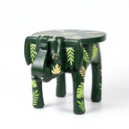 Wooden Elephant Stool | Green with Leaf Motifs | 12x11x11 inch