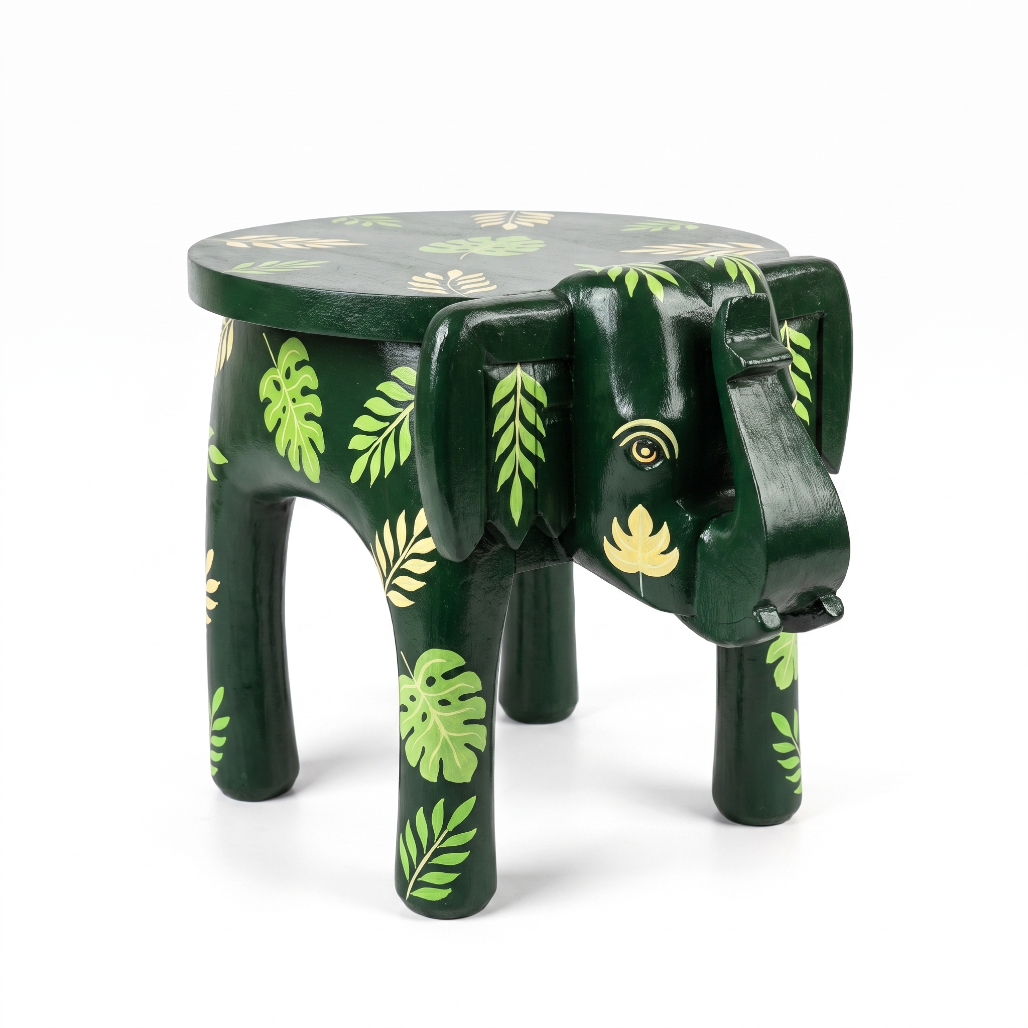 Wooden Elephant Stool | Green with Leaf Motifs | 12x11x11 inch