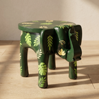 Wooden Elephant Stool | Green with Leaf Motifs | 12x11x11 inch