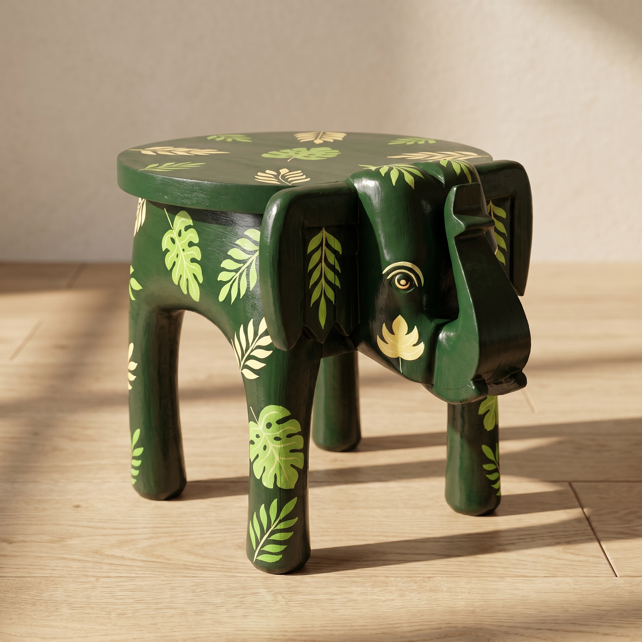 Wooden Elephant Stool | Green with Leaf Motifs | 12x11x11 inch