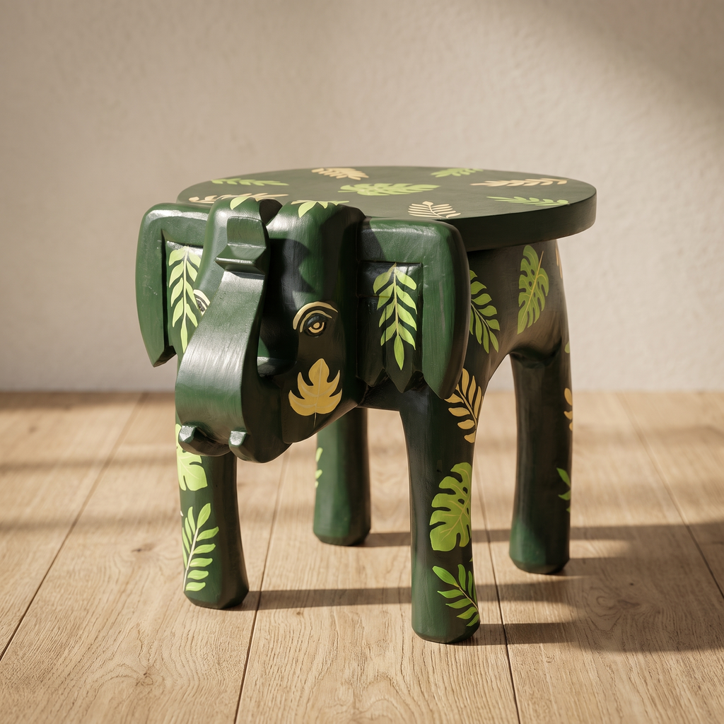 Wooden Elephant Stool | Green with Leaf Motifs | 12x11x11 inch