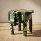 Wooden Elephant Stool | Green with Leaf Motifs | 12x11x11 inch