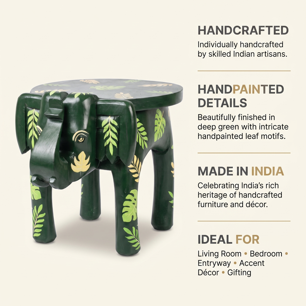 Wooden Elephant Stool | Green with Leaf Motifs | 12x11x11 inch