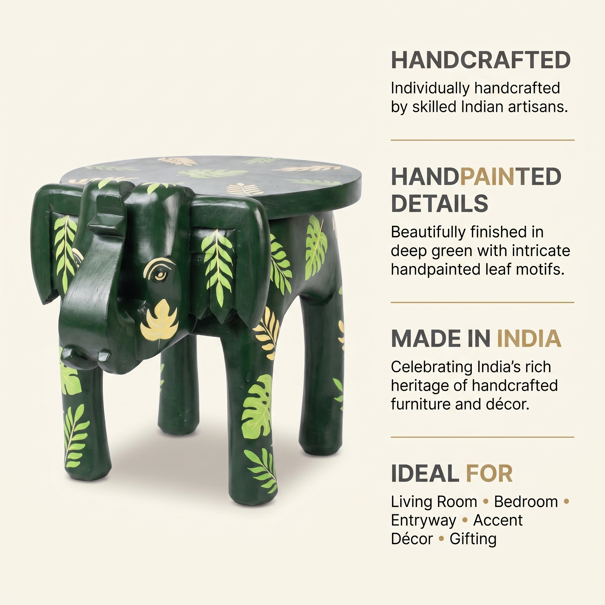 Wooden Elephant Stool | Green with Leaf Motifs | 12x11x11 inch