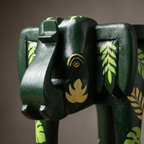 Wooden Elephant Stool | Green with Leaf Motifs | 12x11x11 inch