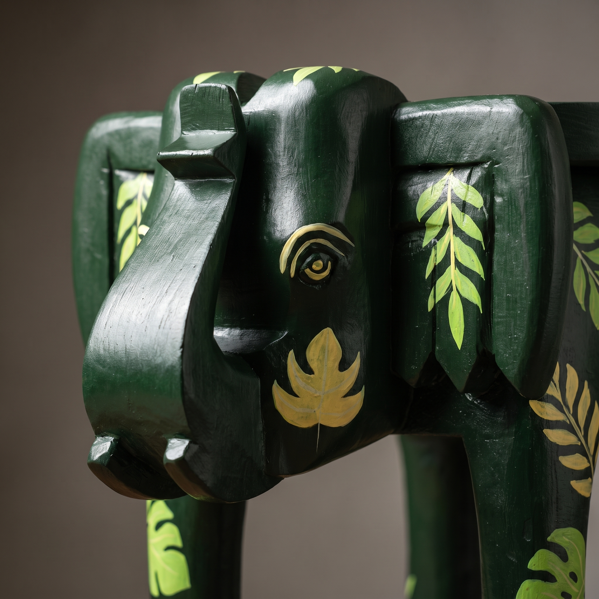 Wooden Elephant Stool | Green with Leaf Motifs | 12x11x11 inch
