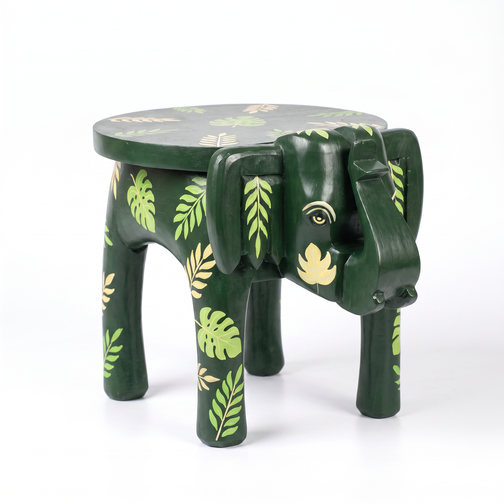 Wooden Elephant Stool | Green with Leaf Motifs | 12x11x11 inch