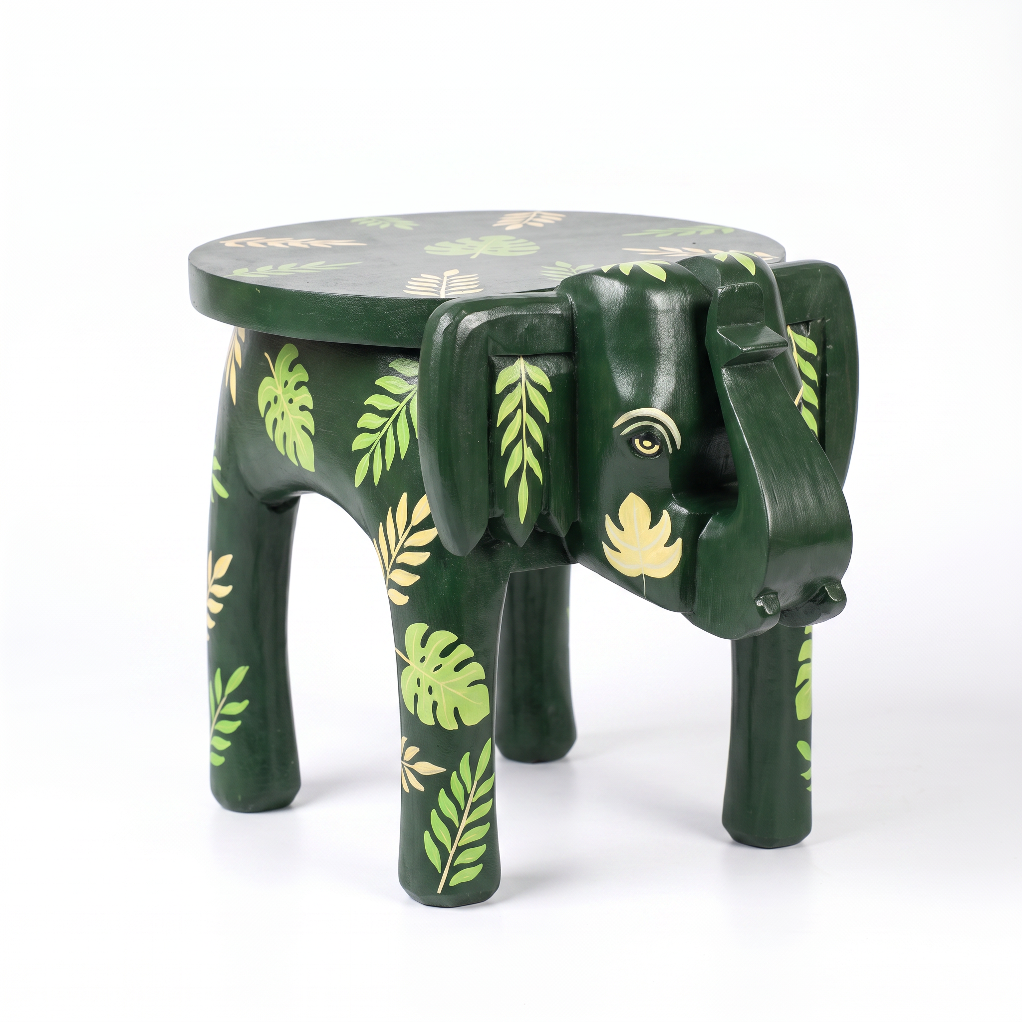 Wooden Elephant Stool | Green with Leaf Motifs | 12x11x11 inch