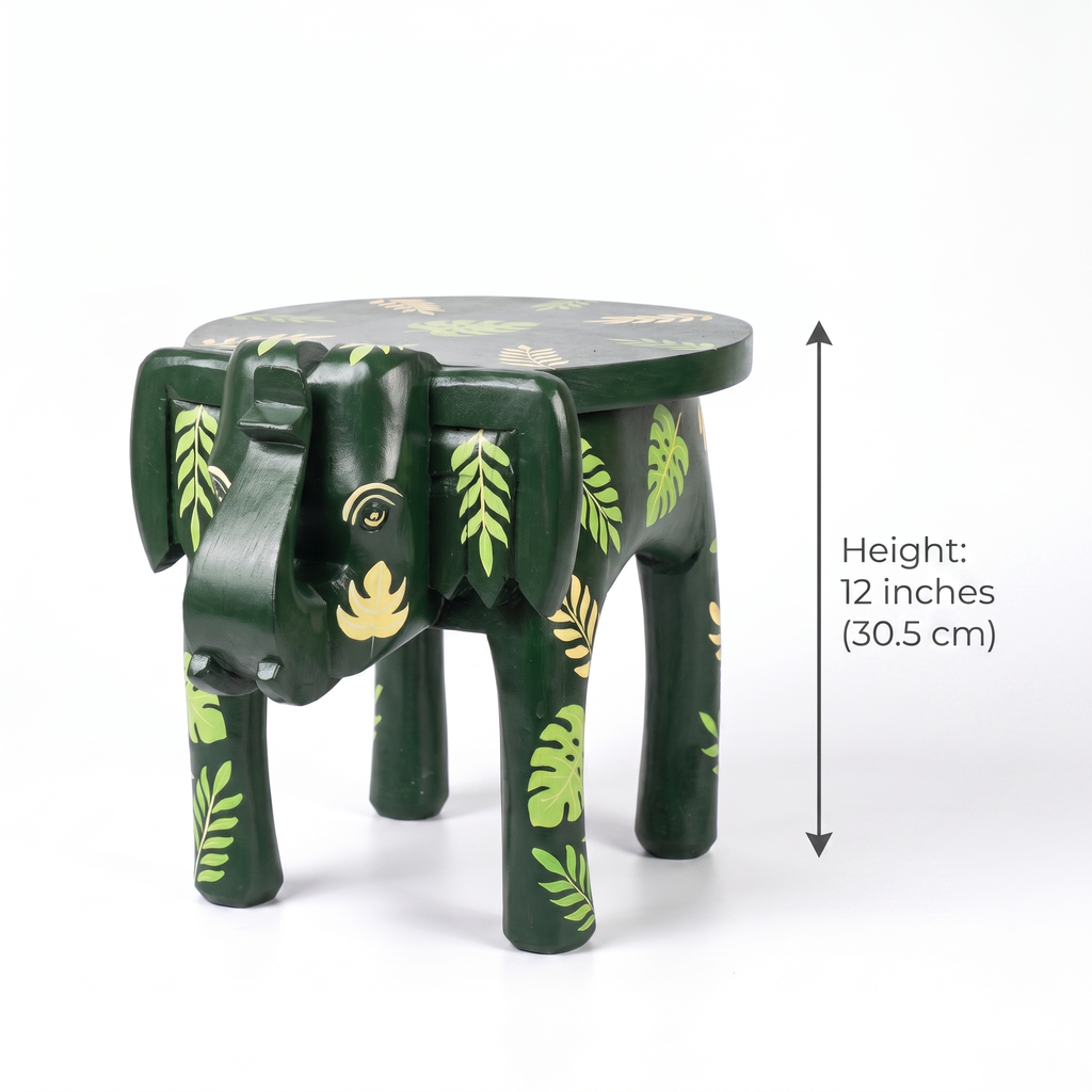 Wooden Elephant Stool | Green with Leaf Motifs | 12x11x11 inch