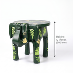Wooden Elephant Stool | Green with Leaf Motifs | 12x11x11 inch