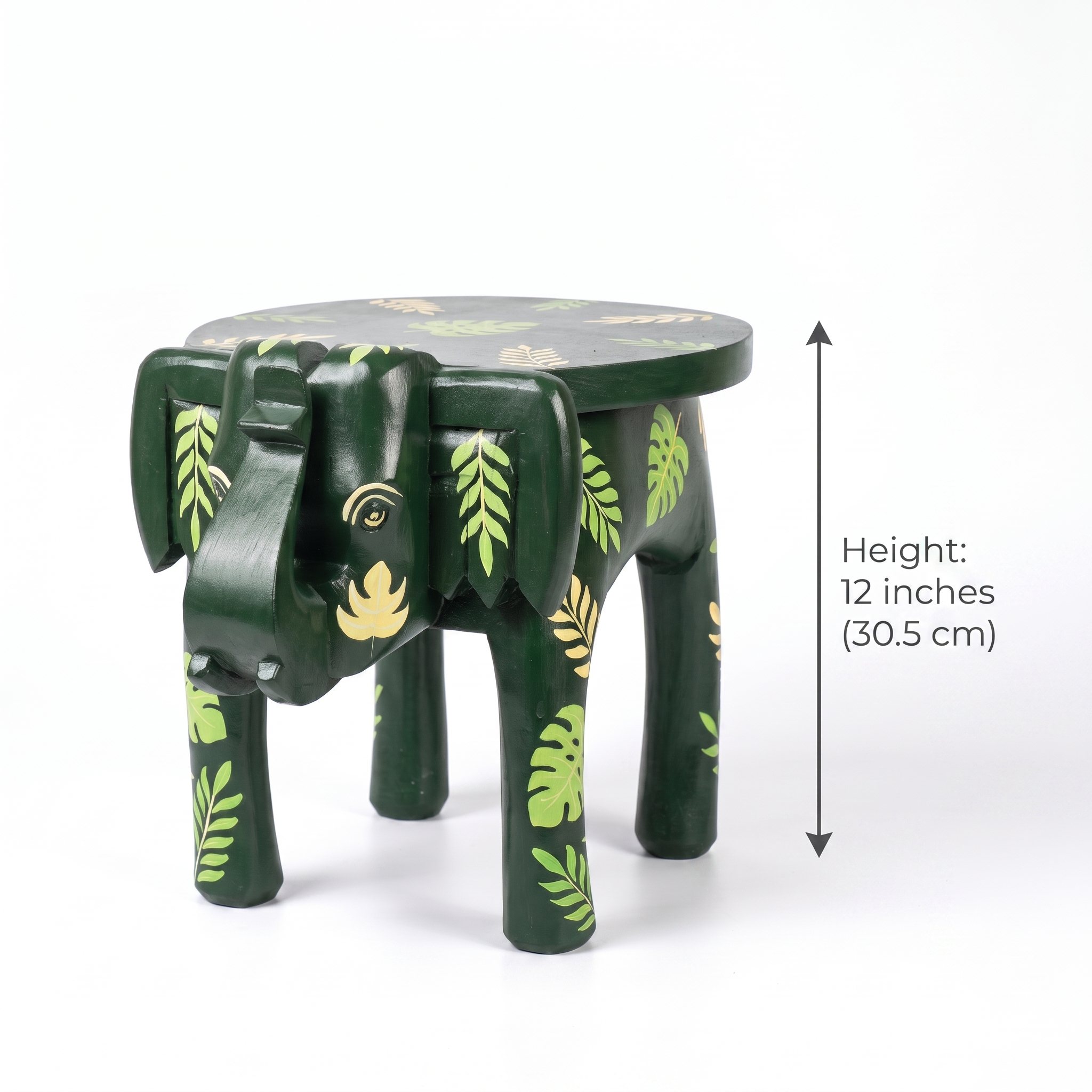Wooden Elephant Stool | Green with Leaf Motifs | 12x11x11 inch