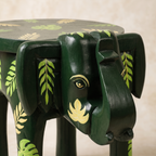 Wooden Elephant Stool | Green with Leaf Motifs | 12x11x11 inch