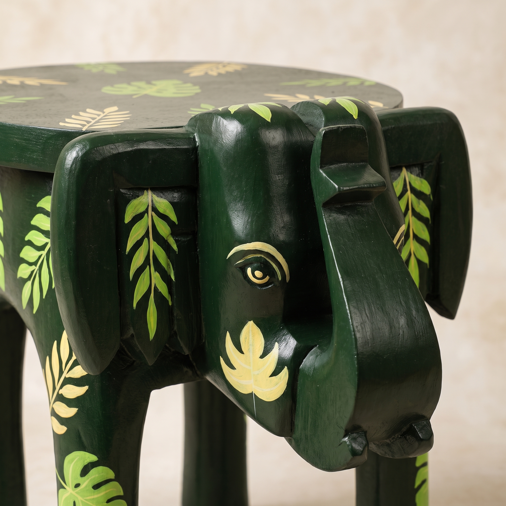 Wooden Elephant Stool | Green with Leaf Motifs | 12x11x11 inch