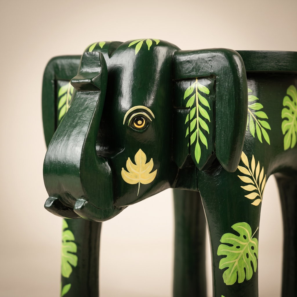 Wooden Elephant Stool | Green with Leaf Motifs | 12x11x11 inch